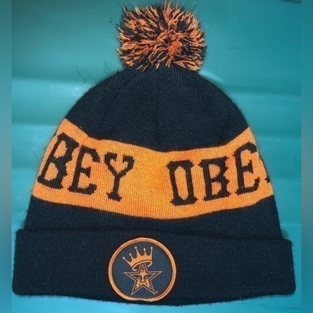 🧧OBEY Crowned Pom Beanie Cuffed Stocking Hat Orange & Black